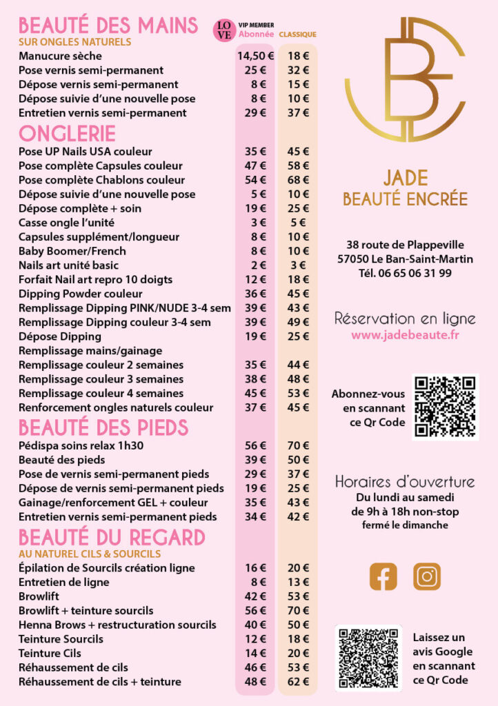 Photo flyer recto tarifs Jade Beauté Encrée à Le Ban-Saint-Martin